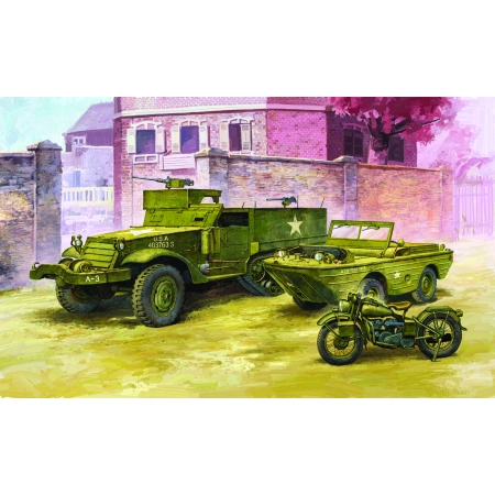 ACADEMY 13408 M3 Halftrack + Amfibia + motocykl 1:72