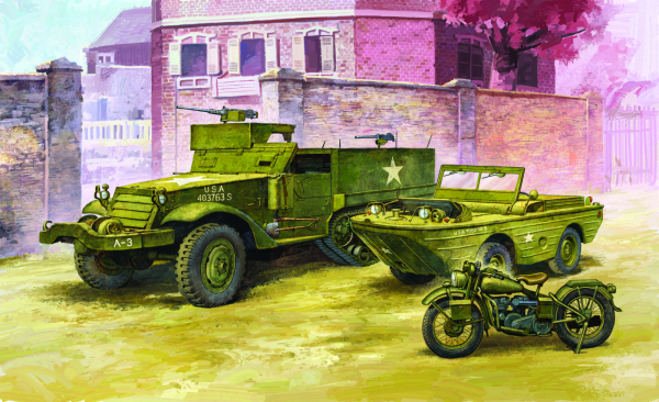 ACADEMY 13408 M3 Halftrack + Amfibia + motocykl 1:72